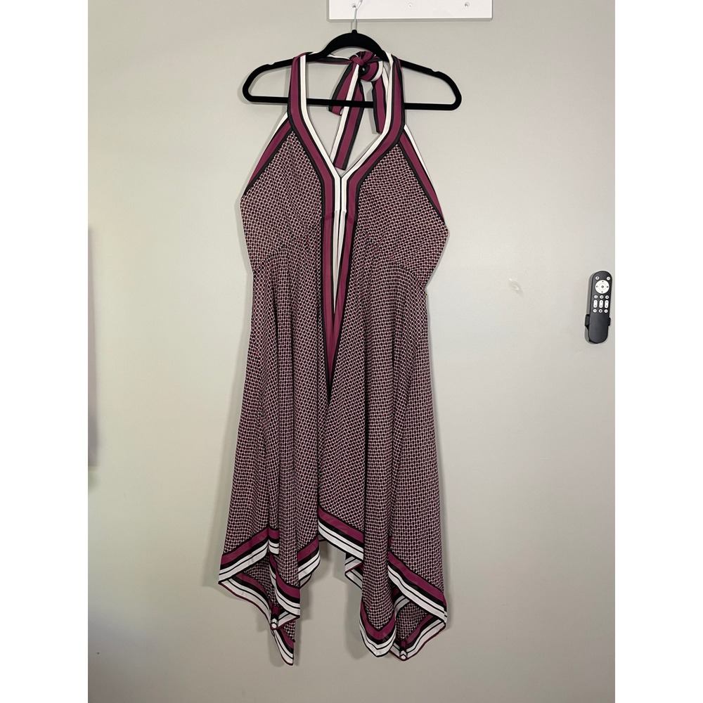 Michael Kors Halter Dress Womens Large Plum Excellent Handkerchief Hem Geometric